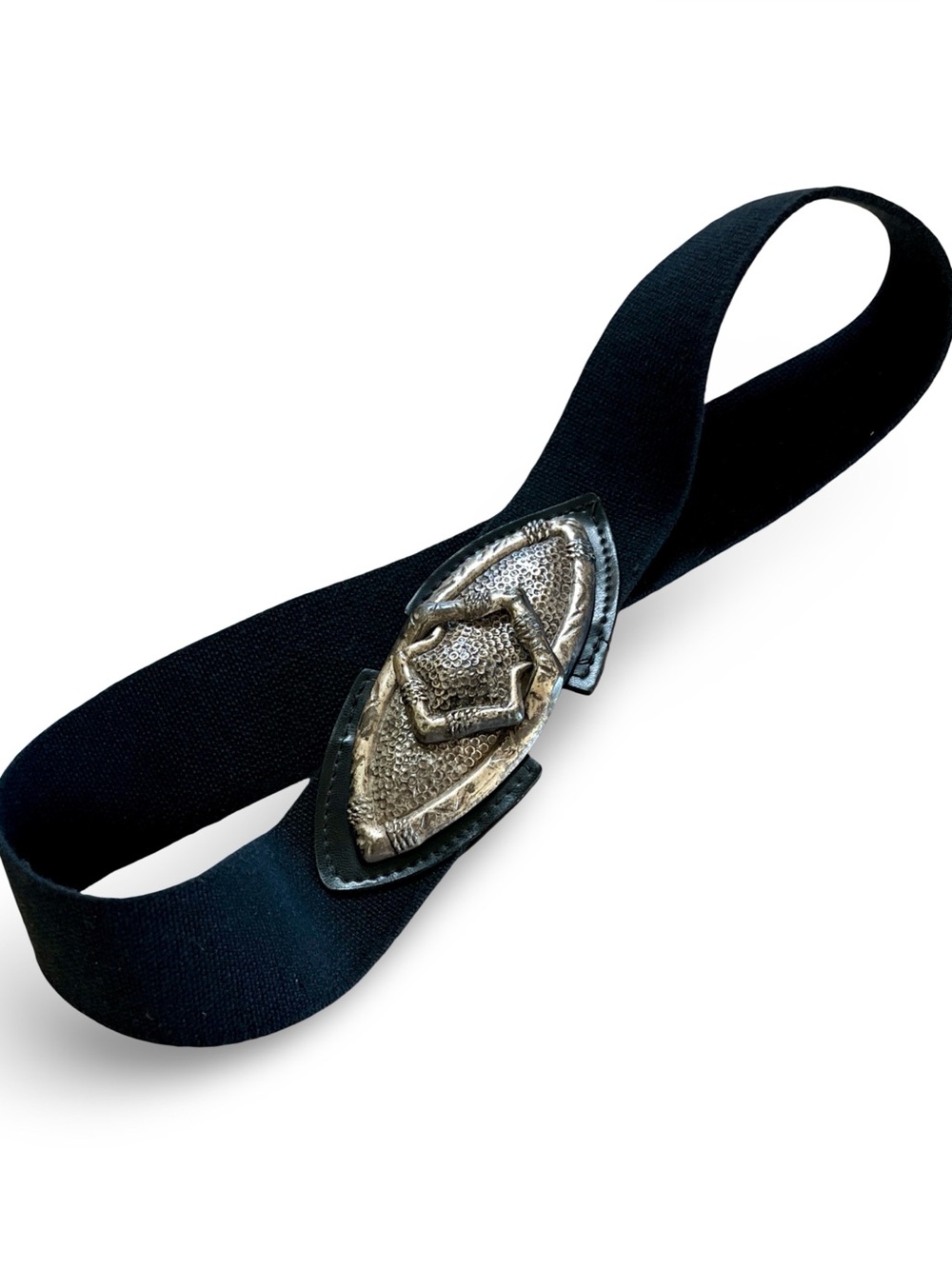 Vintage 80s Wide Black Elastic Cinch Belt Silver Arrowhead Buckle Hook & Eye